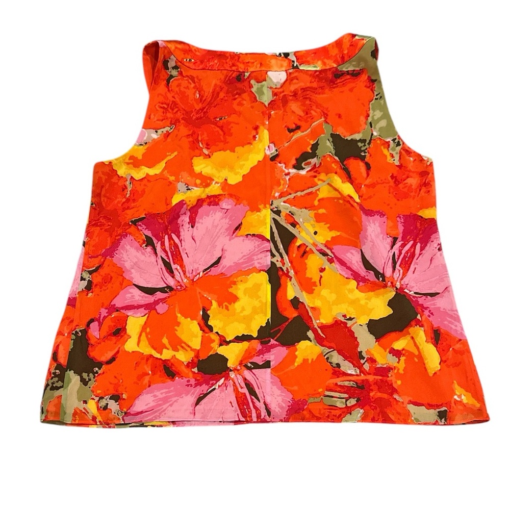 ST. JOHN SILK FLORAL LINED SLEEVELESS COLORFUL ORANGE PRINT BLOUSE TOP L - Picture 3 of 10